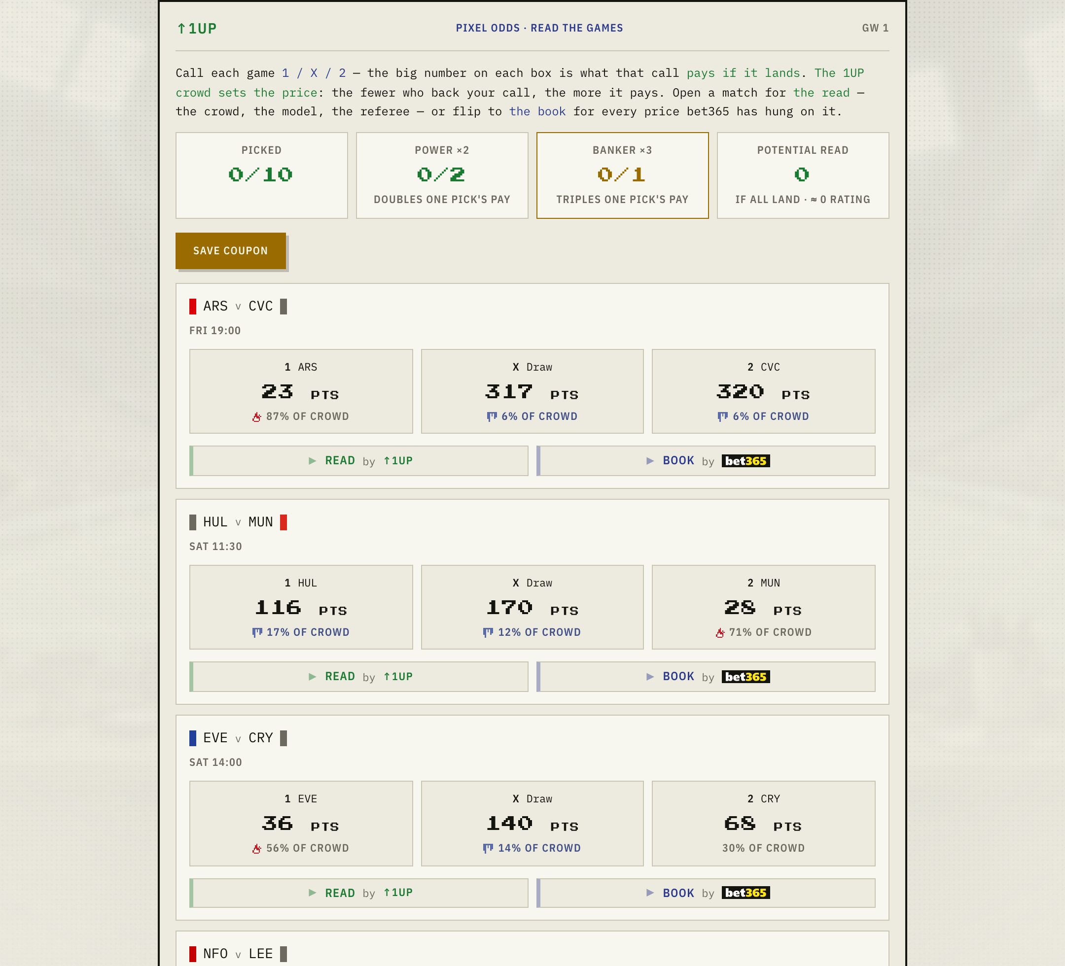 The 1UP coupon — crowd-priced 1X2 calls with Power and Banker multipliers and a full bookmaker market board