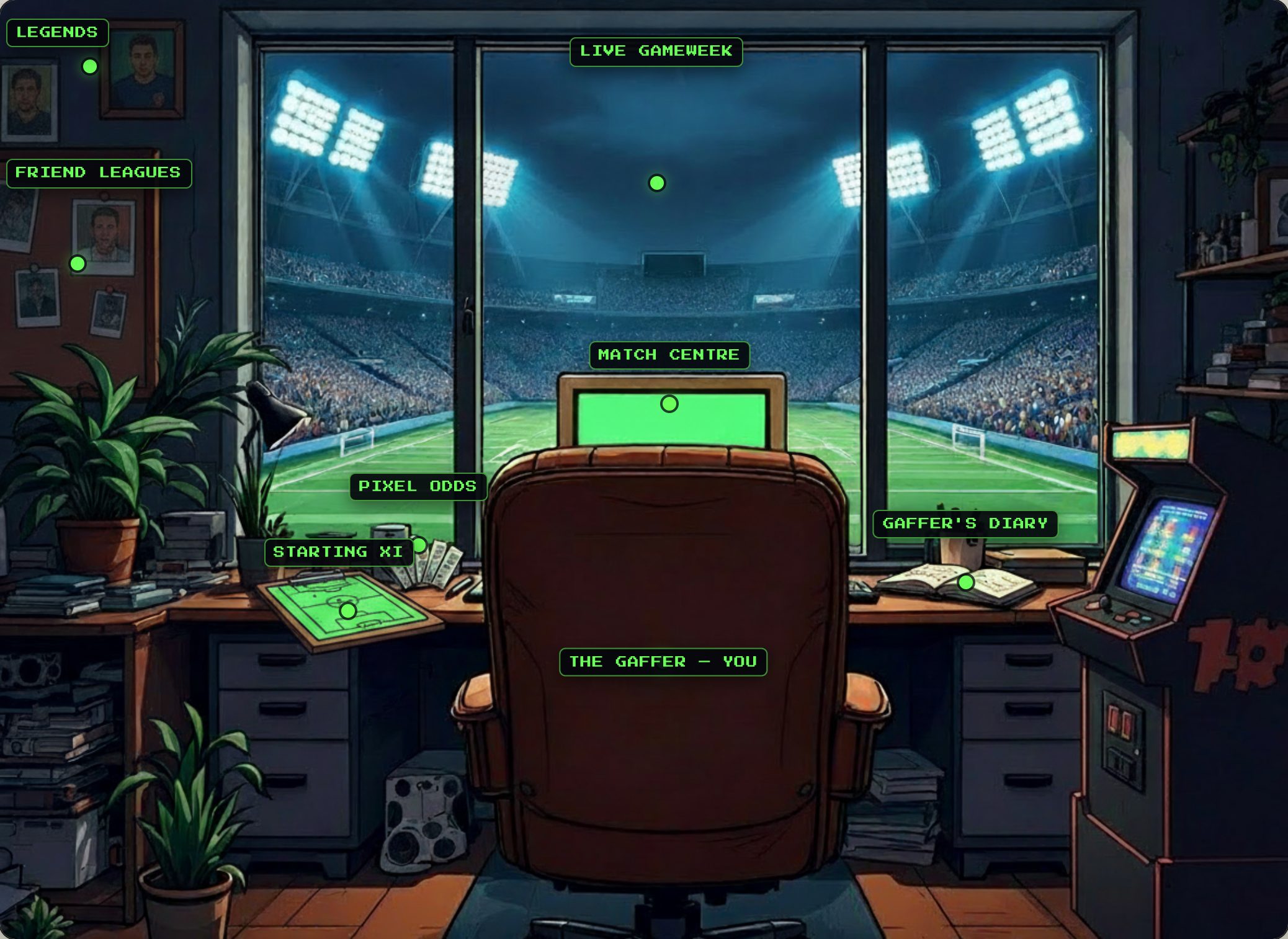 The gaffer's office — an illustrated room overlooking a floodlit stadium, with glowing hotspots on the desk objects